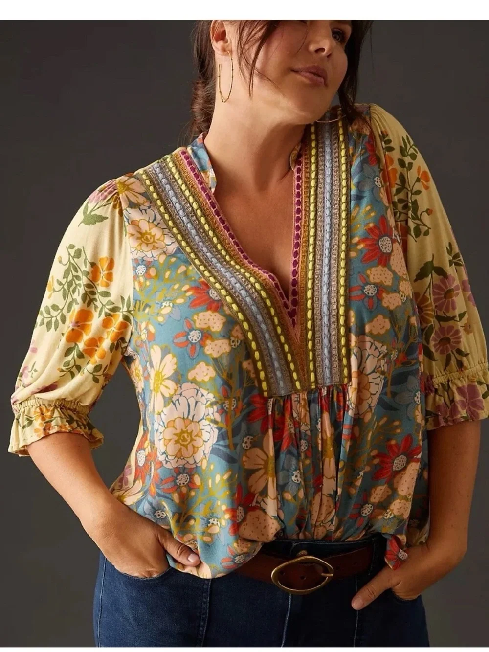 New  BI^nk London x Anthropologie STEPHANIE L Yellow Blue Floral V-Neck Top